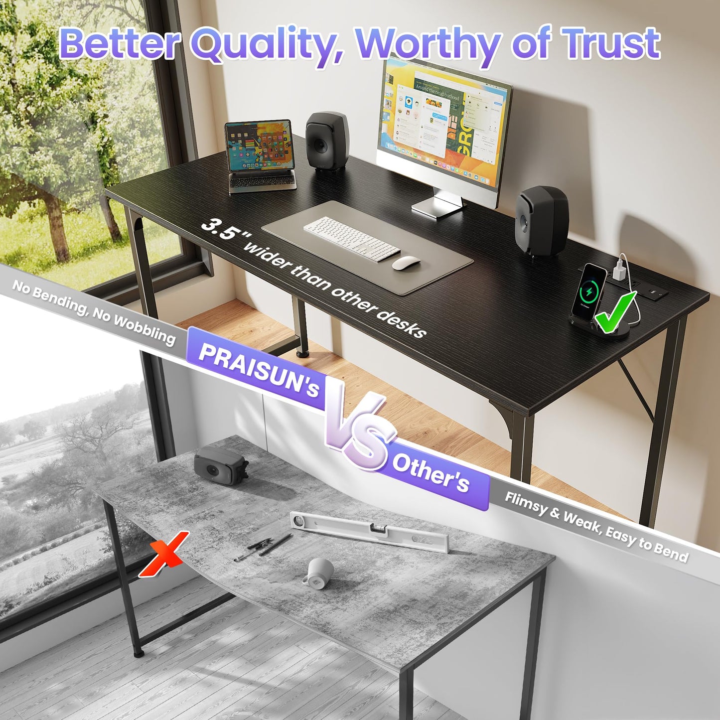 PRAISUN 55 X 20 Inch Office Computer Desk with Power Outlets and USB-C Port, Larger and Longer Gaming Desk, for Home Office, Study, Bedroom, Writing Work from Home Table, Metal Frame, Black