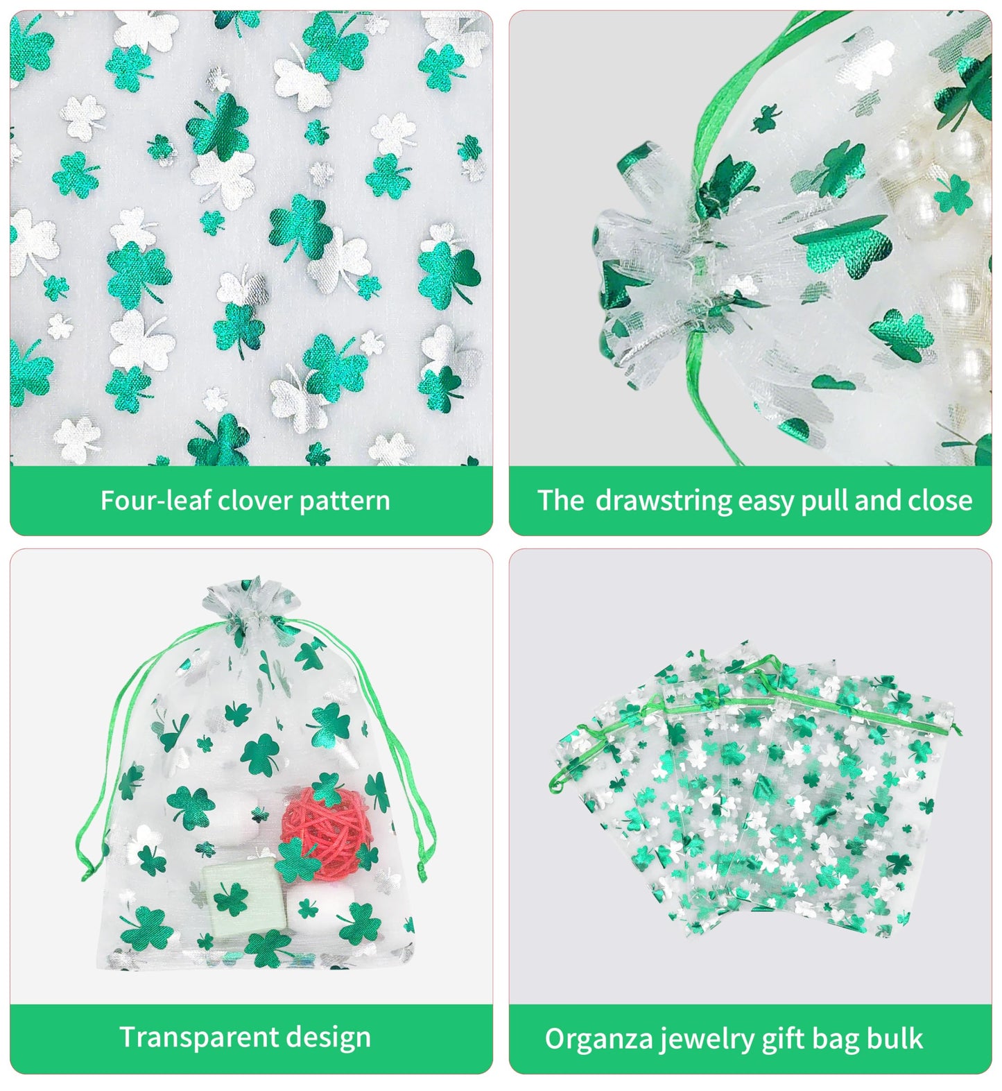 Jexila 50PCS St.Patrick's Day Organza Gift Bags Shamrock Clover Drawstring Goodie Treat Bag St.Patrick's Party Favors for Kids Classroom