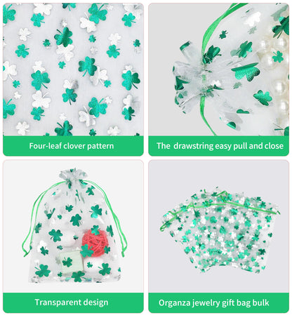 Jexila 50PCS St.Patrick's Day Organza Gift Bags Shamrock Clover Drawstring Goodie Treat Bag St.Patrick's Party Favors for Kids Classroom