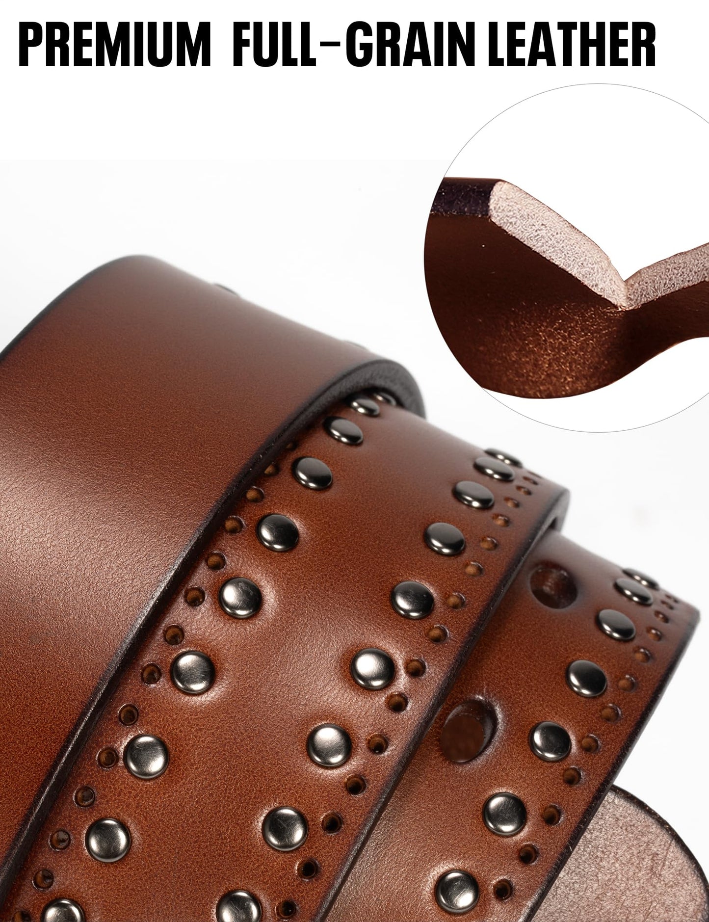 Womens Western Leather Belts 35mm Studded Belt with Vintage Silver Buckle