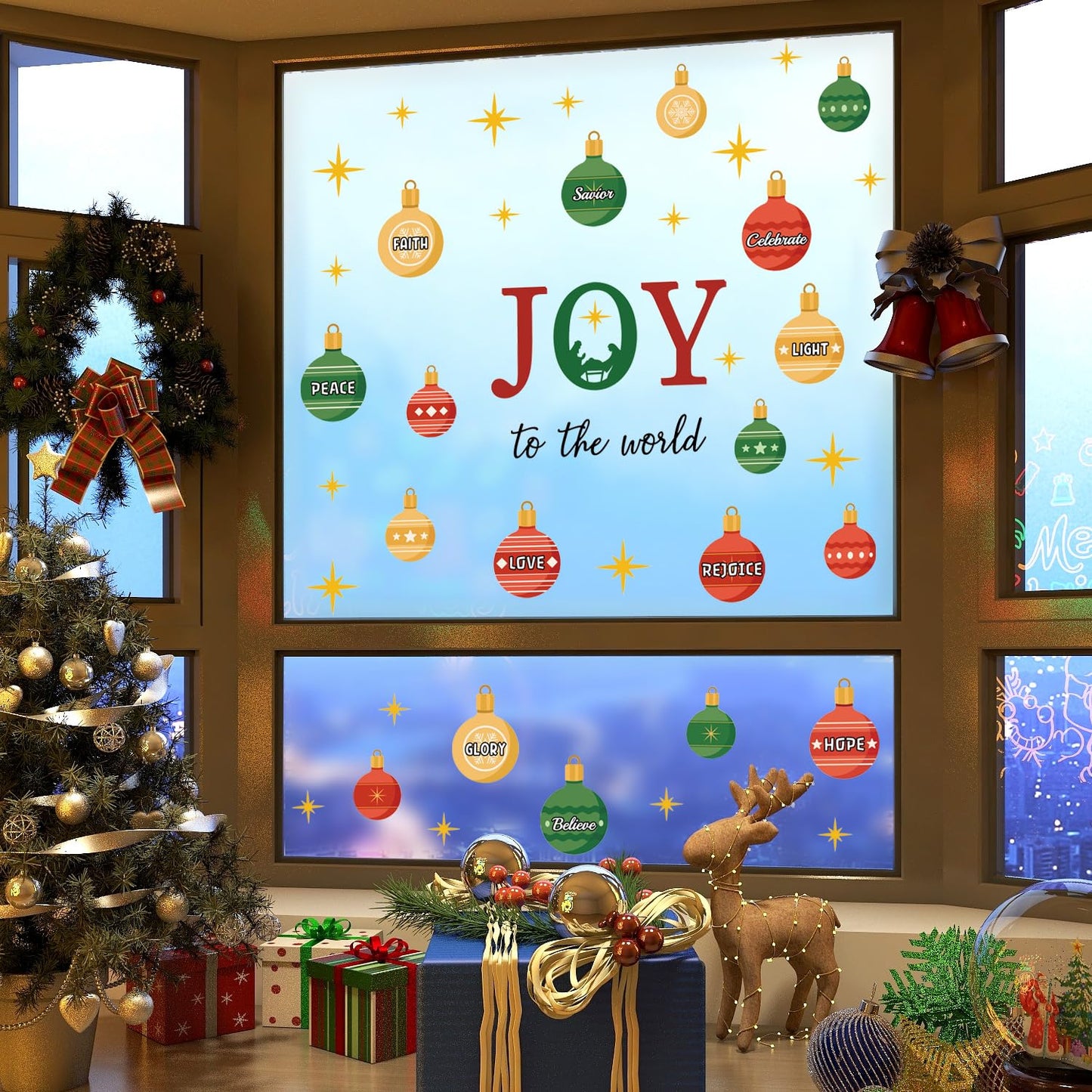 TOARTi Joy to The World Wall Decal Christmas Ball Window Cling Merry Christmas Light Ball Wall Stickers Xmas Christmas Bible Quotes Stickers Nativity Scene Decals Xmas Holiday Party Supplies