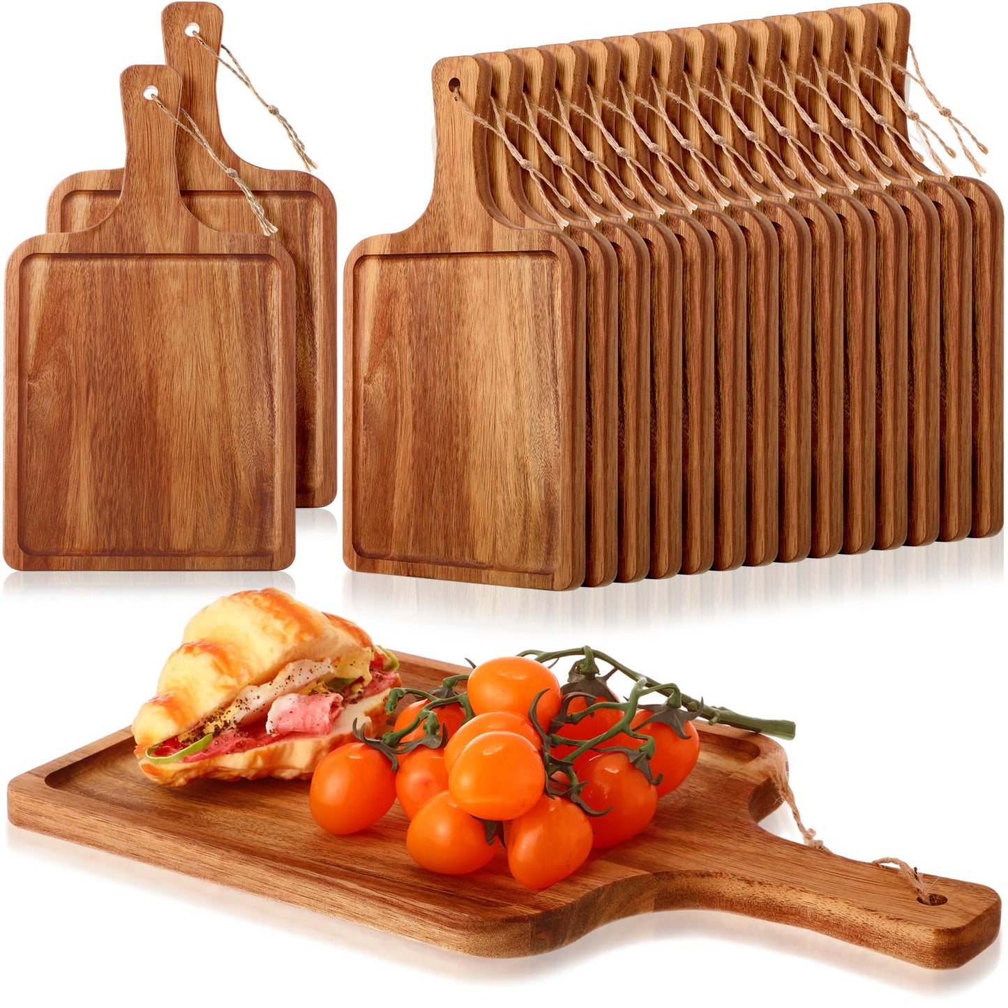 Tanlade 16 Pcs Acacia Wood Cutting Board with Handle Chopping Boards Decorative Charcuterie Platter Pizza Bread Cheese Fruit Serving Tray for Kitchen Counter Table Christmas Decorate (14 x 8 Inch)