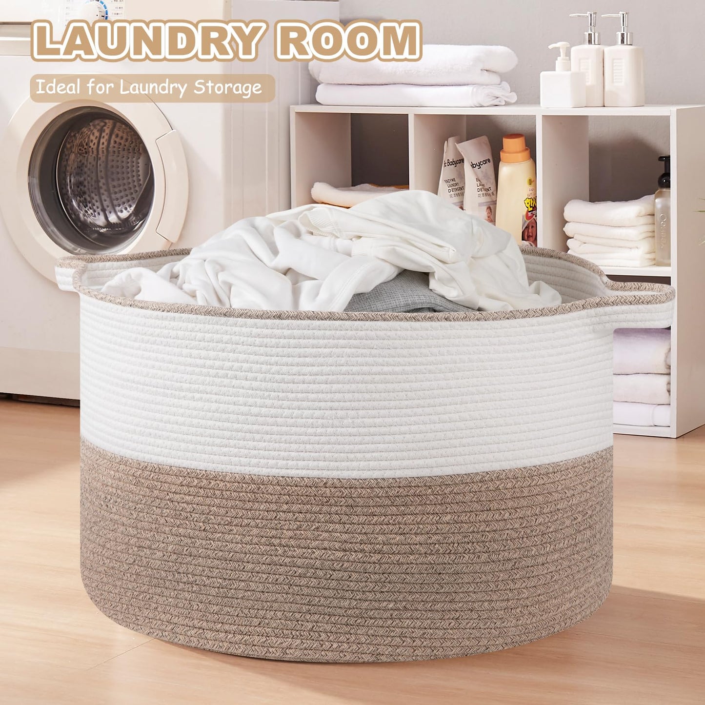 OIASKET XXL Large Blanket Basket with Handles, 105L Woven Storage Basket for Living Room, Cotton Rope Baby Toy Storage for Clothes, Pillows, Towels-Brown & White