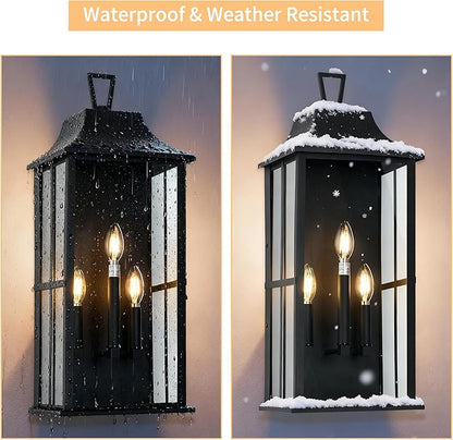 Patio Wall Light Fixture Outdoor Wall Lighting, 25" Large Outside Modern Wall Sconce Lantern, Industrial Porch Light Wall Mount, Waterproof Farmhouse Exterior Lamp 3-Light,Bulbs Not Included