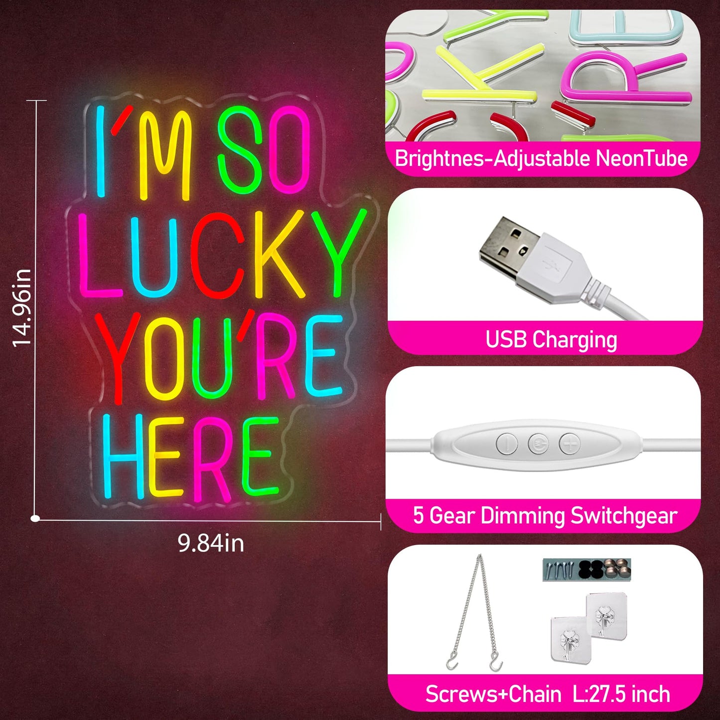 I’m So Lucky You Are Here Neon Sign, Dimmable LED Light Up Neon Sign for Girls Bedroom Club Wedding Bachelorette Valentine's Day Party Wall Decor Birthday Christmas Gift for Daughter Teen Girls Friends (I’m So Lucky You Are Here)
