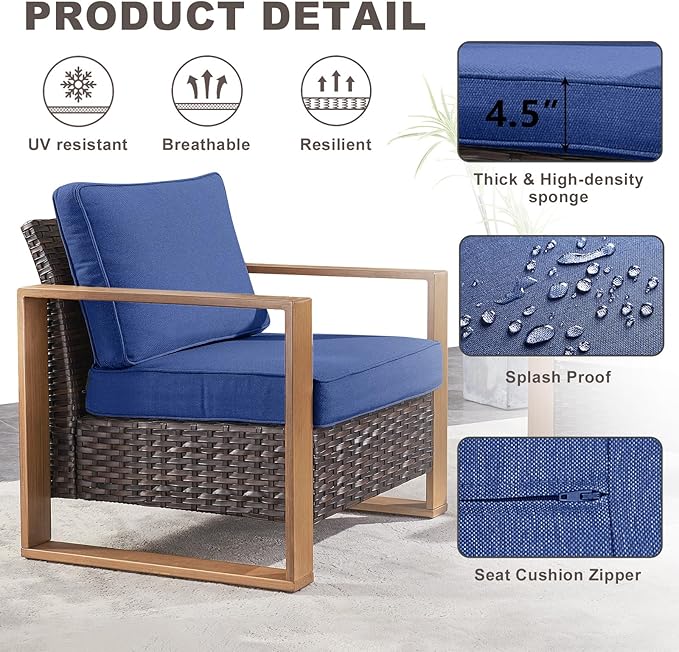 Rilyson Outdoor Wicker Patio Furniture Set - 5 Piece Patio Conversation Set with 2 Wicker Armrest Chairs,2 Rattan Ottoman and 1 Couch,Sturdy Frame,Thick Cushions,Deep Seating(Brown/Blue)