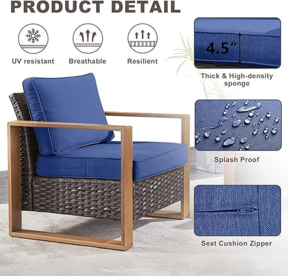 Rilyson Outdoor Wicker Patio Furniture Set - 5 Piece Patio Conversation Set with 2 Wicker Armrest Chairs,2 Rattan Ottoman and 1 Couch,Sturdy Frame,Thick Cushions,Deep Seating(Brown/Blue)