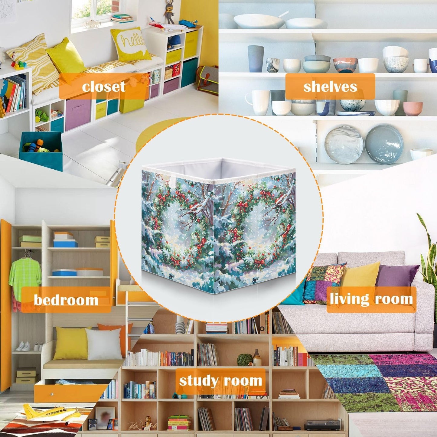 senya Large Storage Bins Beautiful Christmas Wreath Collapsible Foldable Storage Cubes Fabric Basket Closet Organizer Containers Box for Home Bedroom Office 15.7 x 10.6 x 6.9in