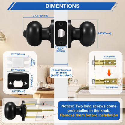 Plustool 8 Pack Matte Black Door Knobs, Privacy Door Knob with Lock, Interior Doorknobs with Round Ball, Keyless Door Lockset for Bedrooms Bathrooms