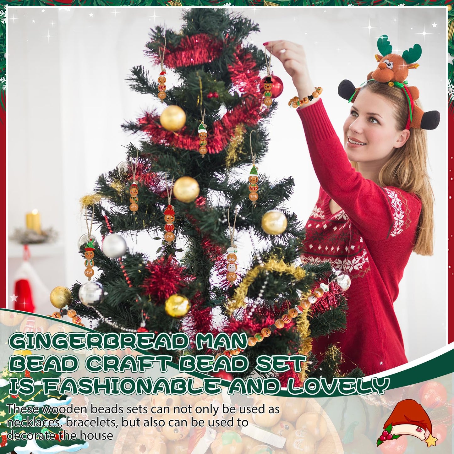 Geelin 300 Pcs Christmas Wood Beads with Twine - Santa Gingerbread Snowman Winter Animals Wooden Round Bead for Hanging Ornaments DIY Crafts Garland Holiday Tree Decor(Gingerbread Man)