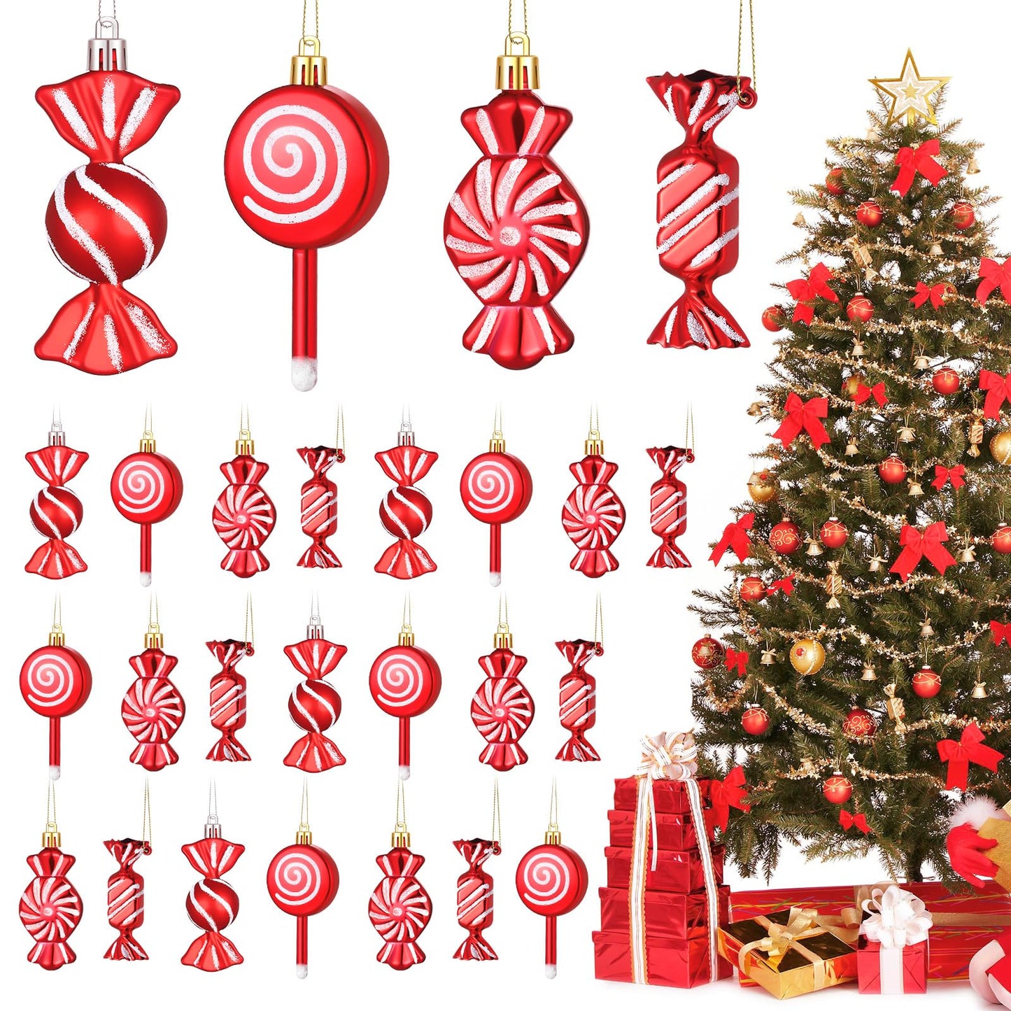 Aoriher 24 Pcs Christmas Candy Cane Ornament Plastic Peppermint Candy Cane Christmas Decorations Xmas Hanging Lollipop Pattern Decorations with Rope for Xmas Holiday Festival Decor(Vivid Style)