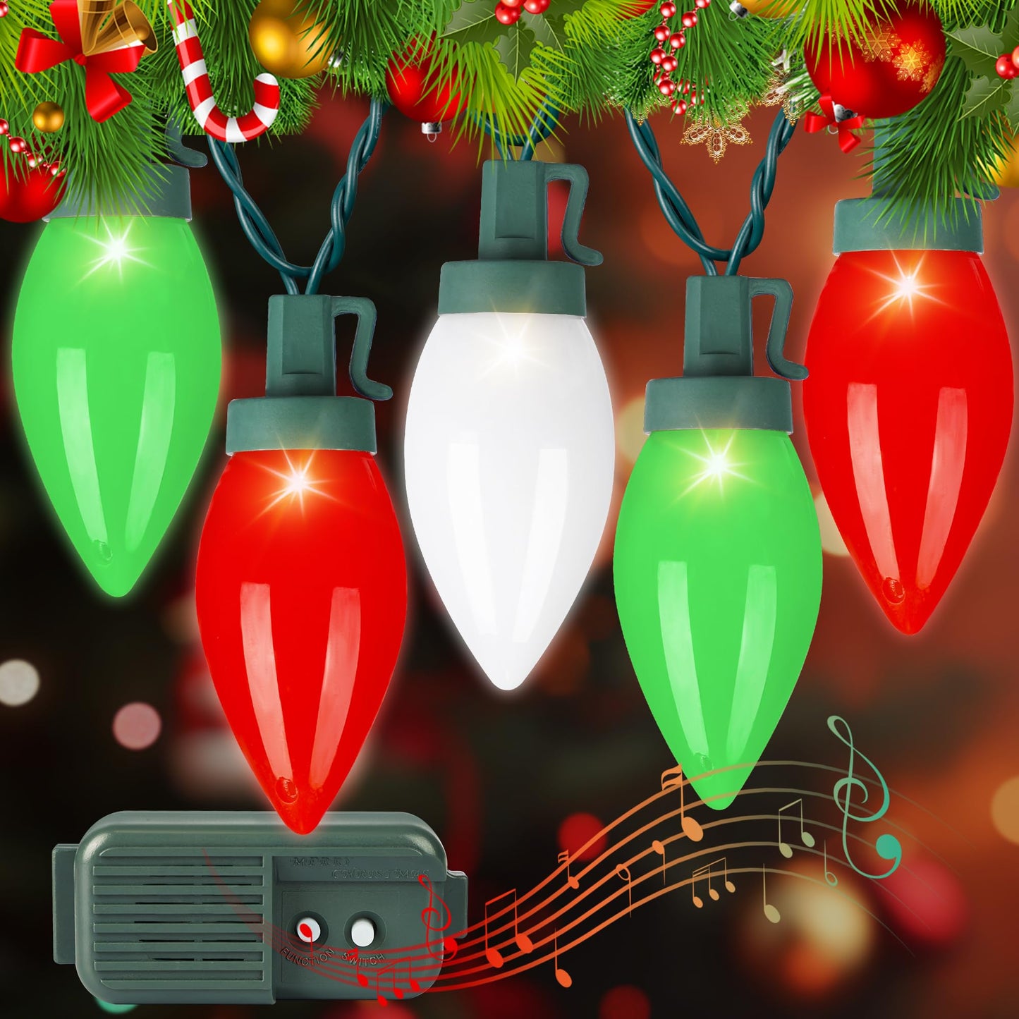 HAYATA Music Christmas Lights 35 LED C9 String Light - Fairy Xmas Decor Lighting for Outdoor, Indoor, Patio, Party, Home, Wreath, Garland, Christmas Tree Decoration. (Red&White&Green)