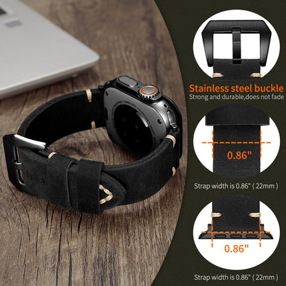 Handmade Double Sided Leather Bands Compatible with Apple Watch Ultra 2/Ultra Band 49mm 46mm 45mm 44mm 42mm ，Men Retro Design Grain Genuine Leather Band For iWatch Series SE 10 9 8 7 6 5 4 3 2 1