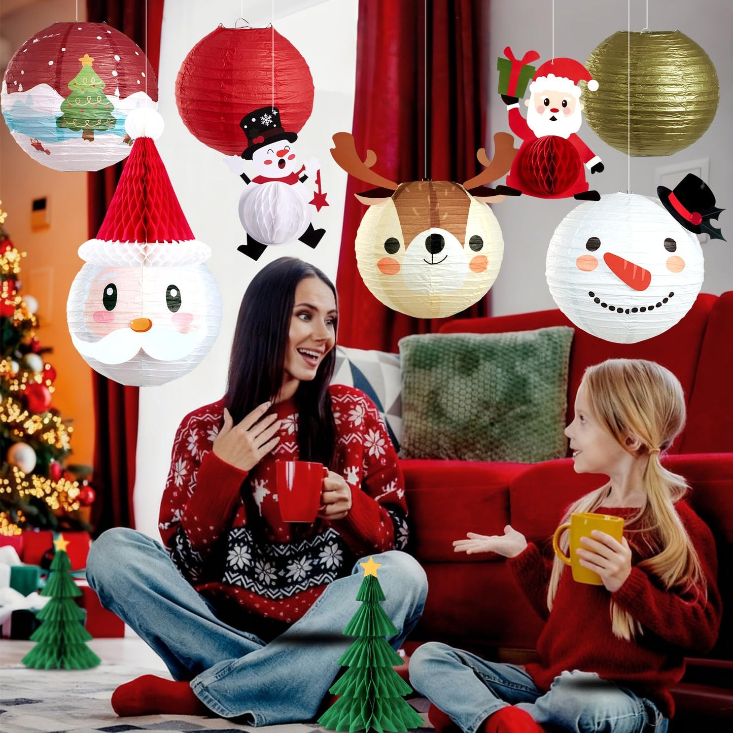 Christmas Paper Lanterns Hanging Classroom Christmas Decorations Ceiling Party Decorations Including 3D Xmas Hat, Santa Claus, Snowman Christmas Trees Honeycomb, for Xmas Holiday Home Indoor 11 PCS