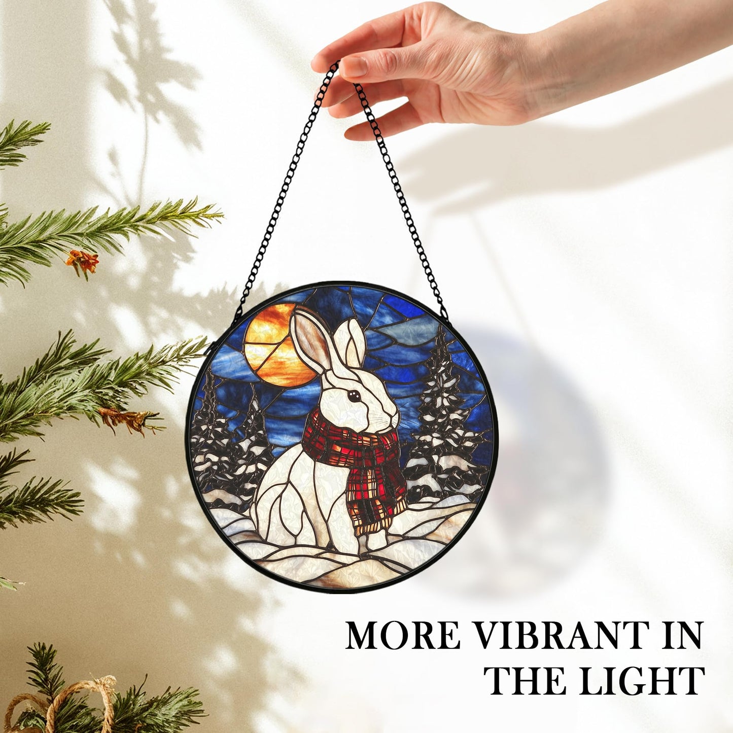 cvjutf Winter Christmas Bunny Suncatcher Stained Glass Window Hanging Decorstions, Nature Landscape Stained Glass Wall Decor, Winter Solstice Gifts, Forest Garden Lawn Sun Catchers Art, 7.9x7.9Inch