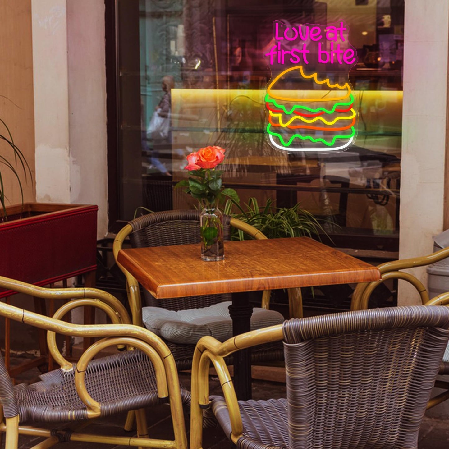 Love At First Bite Neon Sign Burger LED Neon Light Dimmable Hamburger Food Light Up Sign for Restaurant Shop Living Room Fast Food Restaurant Decoration Light Sign