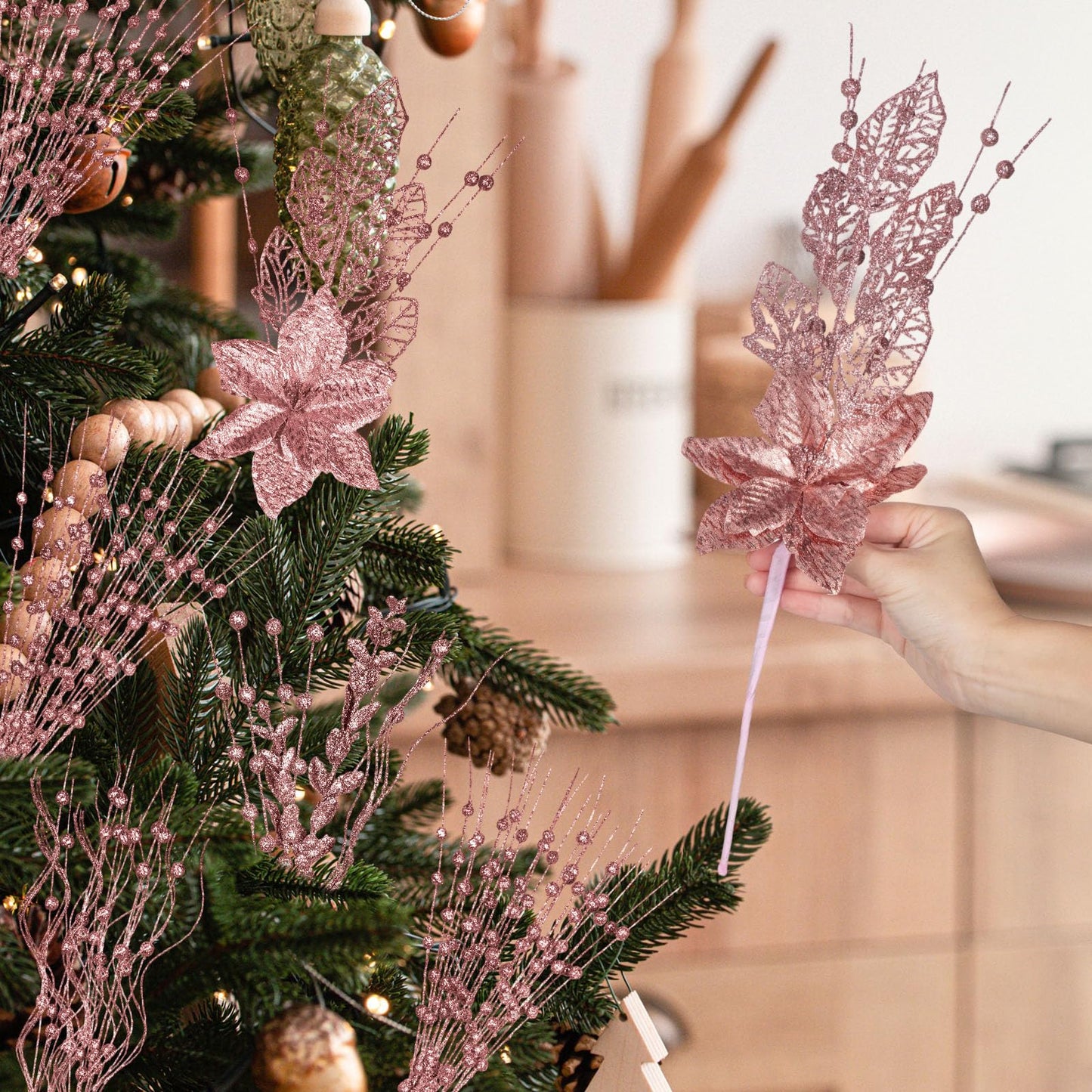 Syhood 30 Pack Holiday Vase Picks and Sprays Glitter Artificial Poinsettia Flower Berry Stems Ornaments Tree Picks Branches Curly Wispy Twigs Sticks for DIY Craft Wreath Decor(Rose Gold)
