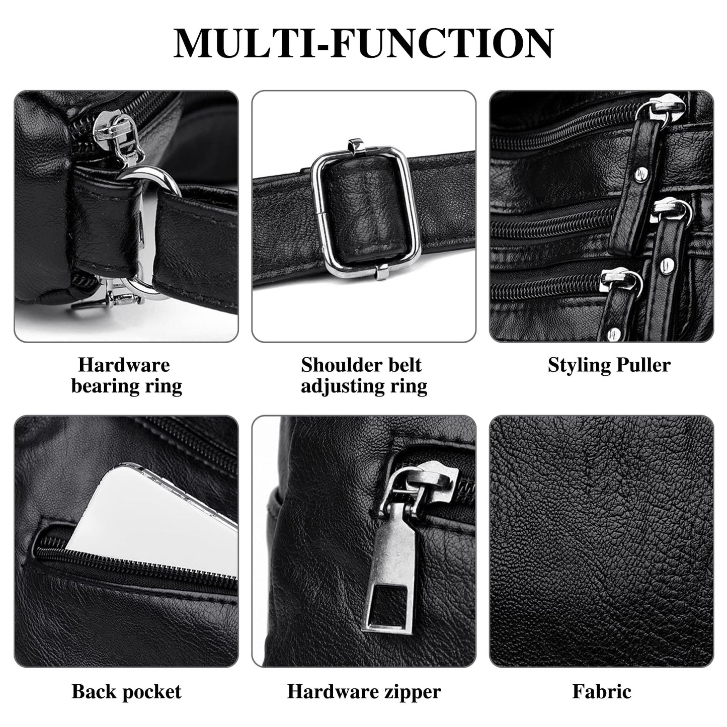 WITERY Small Crossboby Bag for Women - Soft PU Leather Purses Multi-Pocket Shoulder Bag Handbag with Adjustable Strap, Vintage Ladies Medium Roomy Travel Purses Zipper Hobo Totes (Black)