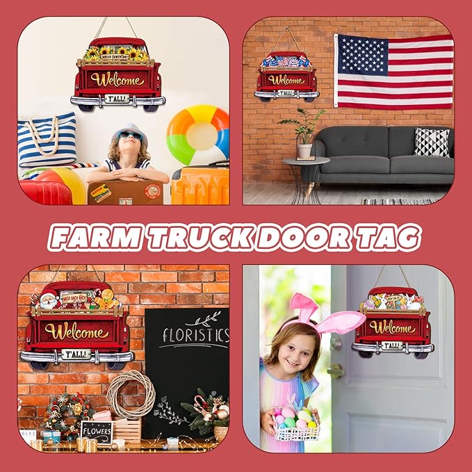 Ferraycle Interchangeable Christmas Welcome Sign for Front Door Farmhouse Truck Decor Rustic Hanging Sign with 12 Interchangeable Seasonal Holiday Decor for Christmas Fall Thanksgiving(Fresh Color)