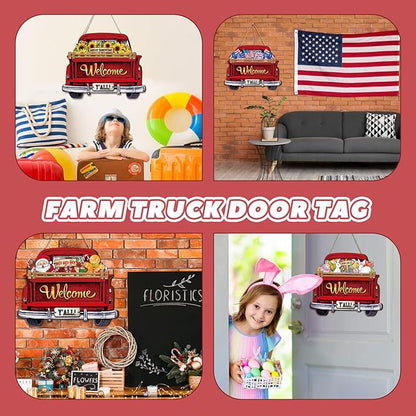 Ferraycle Interchangeable Christmas Welcome Sign for Front Door Farmhouse Truck Decor Rustic Hanging Sign with 12 Interchangeable Seasonal Holiday Decor for Christmas Fall Thanksgiving(Fresh Color)
