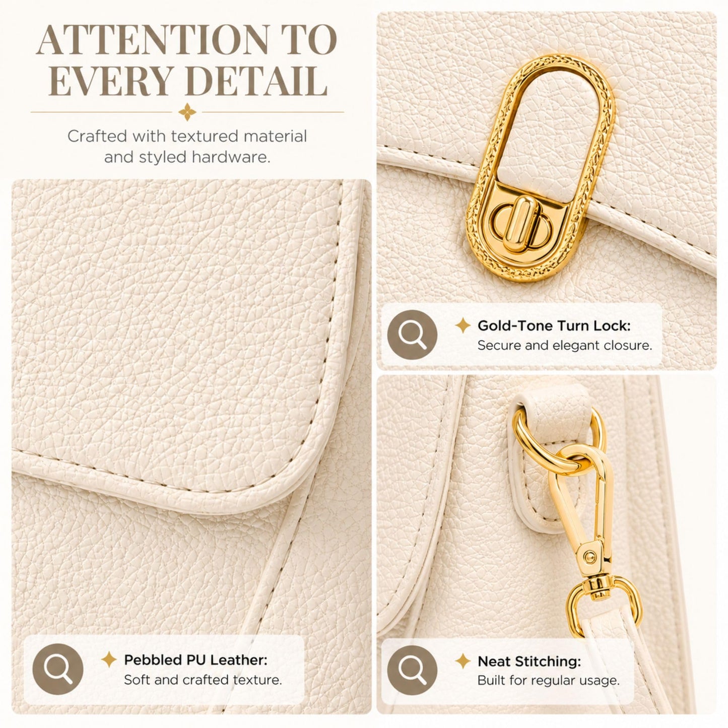 Crossbody Bag for Women Small Satchel Purse, Pebbled PU Leather Handbag with Top Handle, Adjustable Strap, Gold Turn Lock, Zip Pocket, White Everyday Shoulder Bag