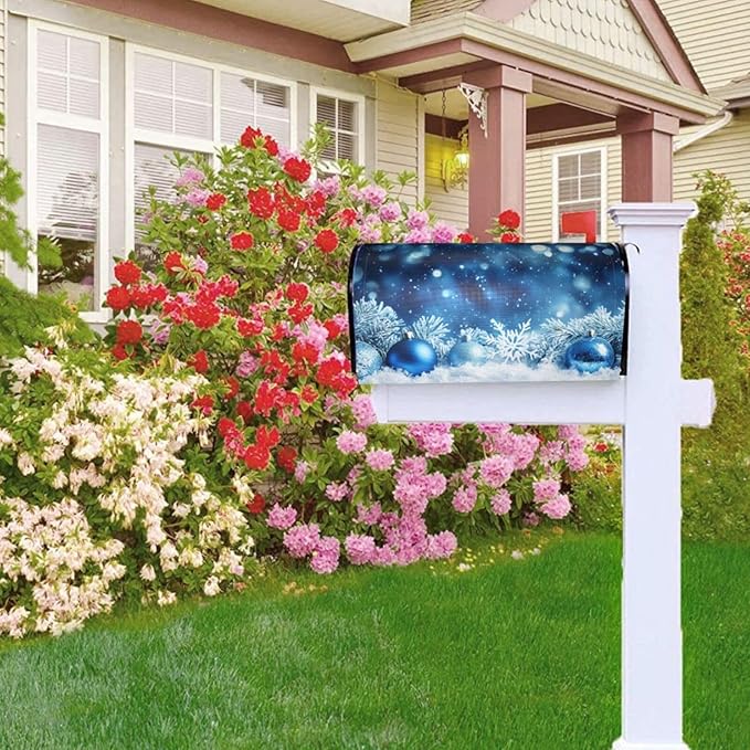 Festive Magnetic Mailbox Cover Blue Ball Snowflake Outdoor Mailbox Protector Holiday Seasonal Decorative Garden Yard Home Standard Size 21 x 18 Inch