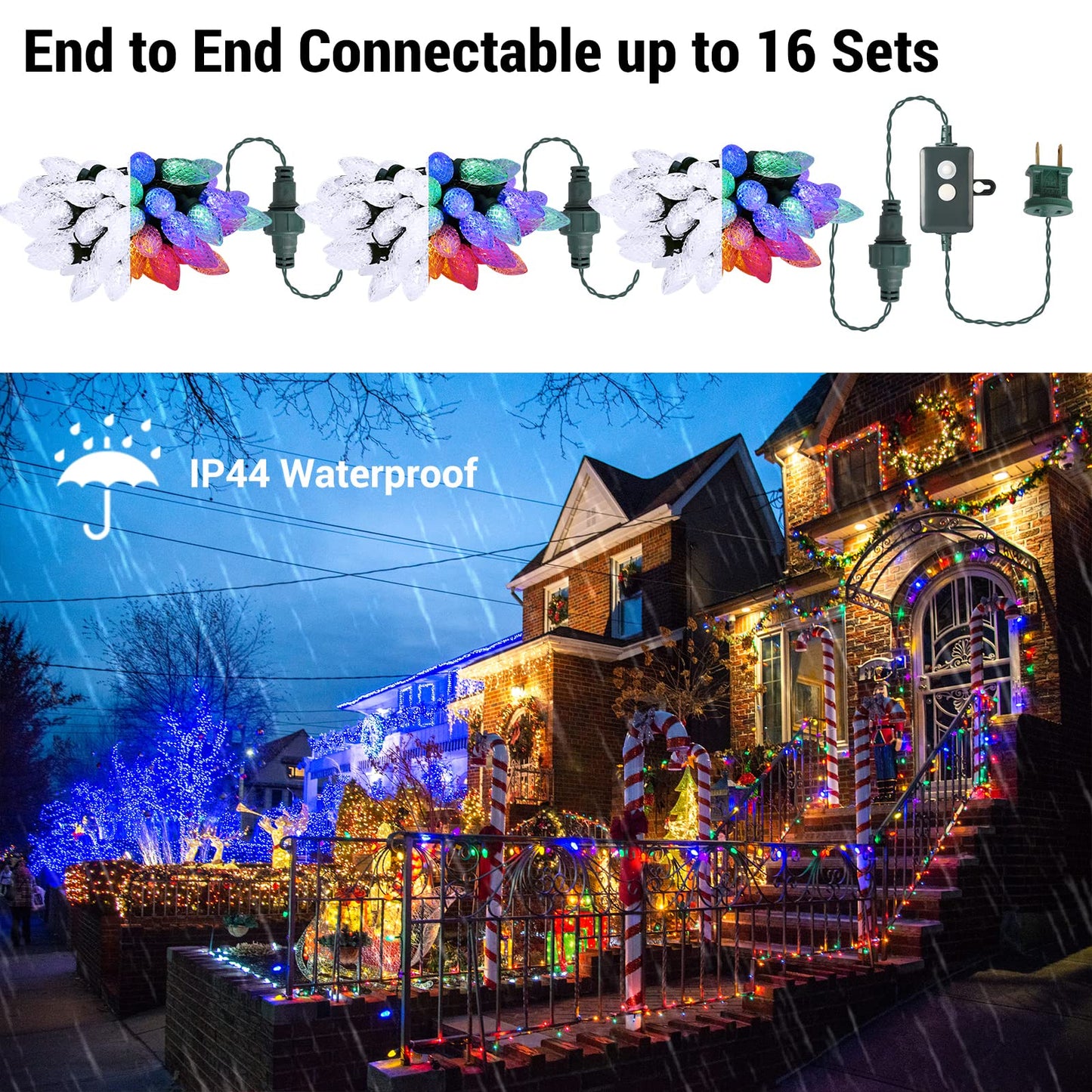 ODEETRONIC Cool White & Multicolor Christmas Lights, 33ft 50 LED C9 Color Changing Tree Lights, Connectable 12 Modes Outdoor Xmas Light with Remote, Dimmable Twinkle Light for Home Party Wedding