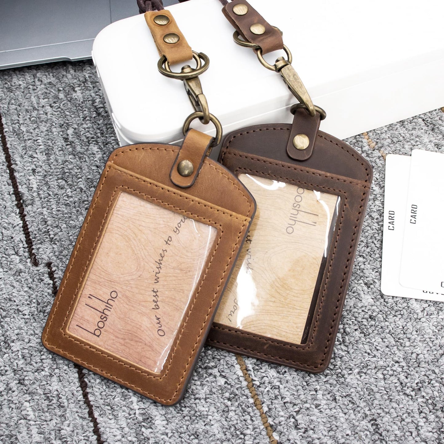 Badge Holder: Boshiho Cowhide Leather ID Badge Card Holder with 19" Neck Lanyard, Vertical Style (Dark Brown)