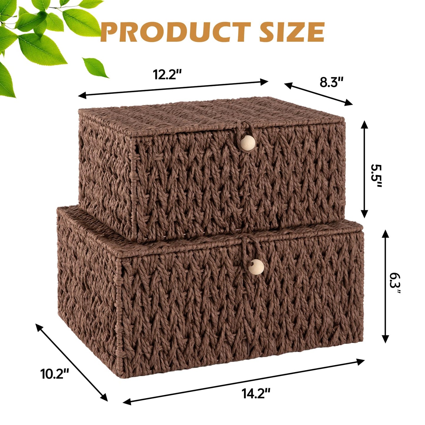 OIAHOMY Wicker Storage Basket with Lid & Lock, Lidded Storage Bins, Decorative Baskets for Organizing, Set of 2-Brown