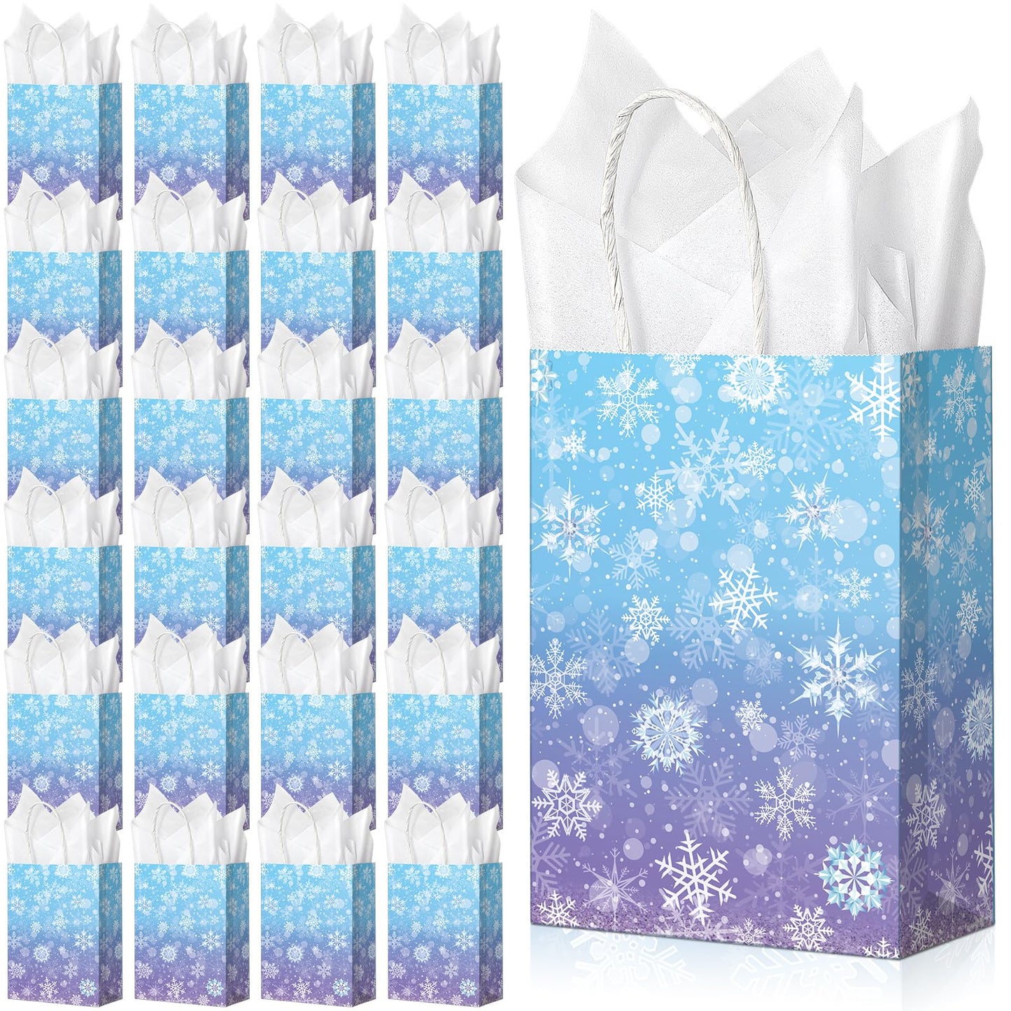 24 Pcs Winter Snowflake Gift Bags, Blue and Purple Snowflake Goodie Bags Bulk with 24 Tissue Paper, Holiday Kraft Paper Party Favor Bags with Handles for Birthday Christmas Winter Wonderland
