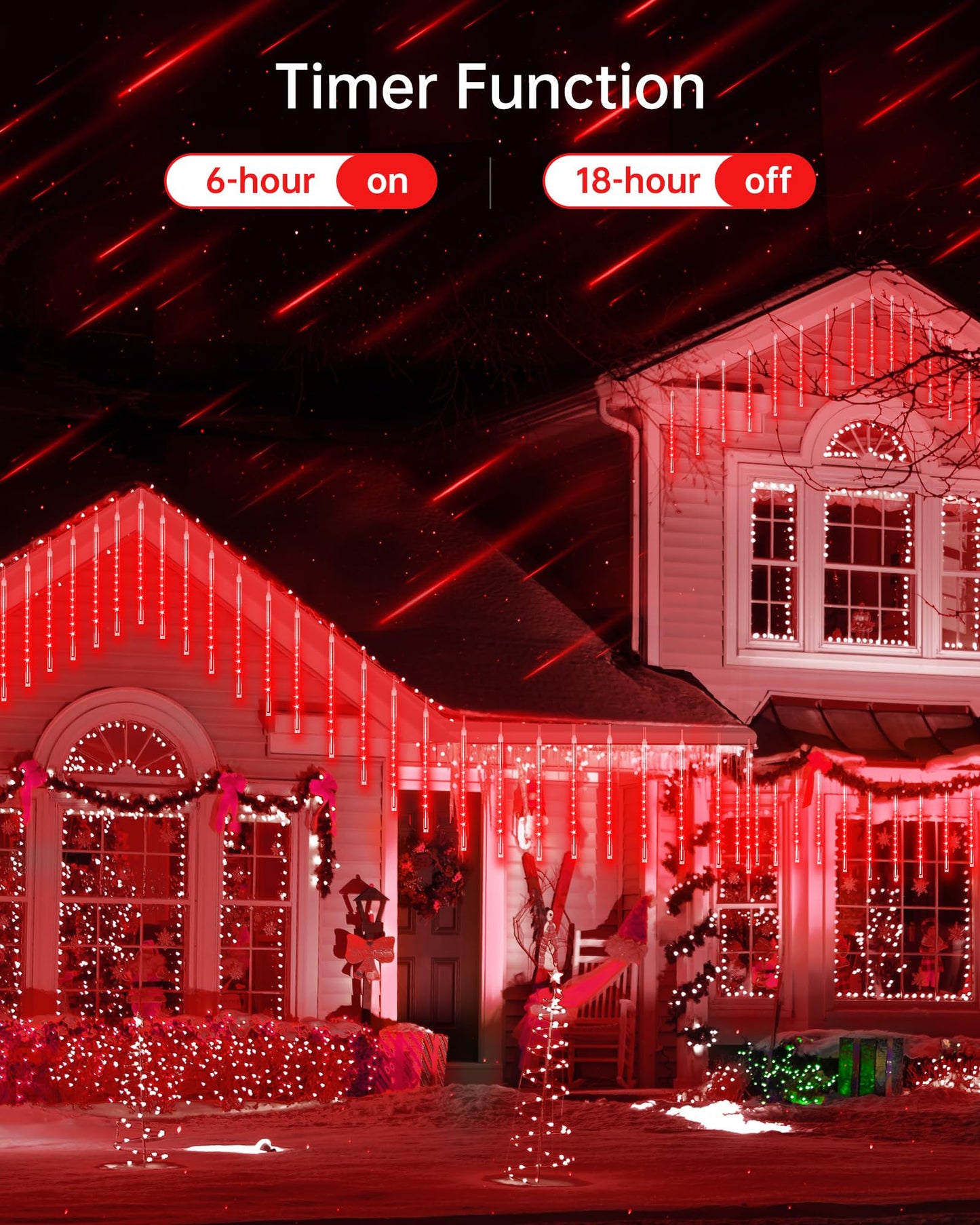 Blingstar Meteor Shower Lights Outdoor 10 Tubes 16 Inch 360 LED Christmas Waterproof Falling Rain Plug-in Dripping Icicle for Tree Porch Roof Yard Xmas Halloween Decoration, Red