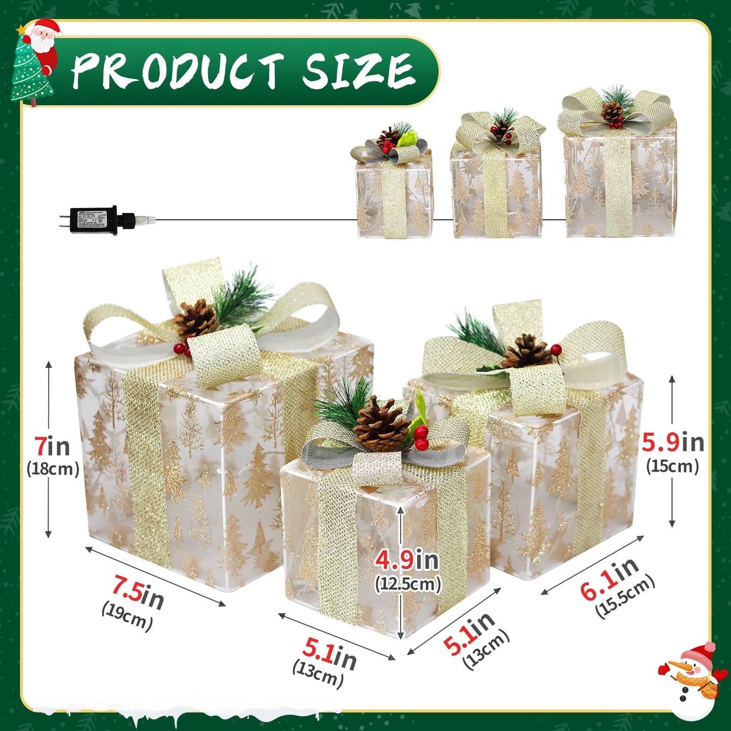 DomKom Set of 3 Nesting Christmas Lighted Gift Boxes - Indoor/Outdoor LED Present Decorations with Metal Frame, Silver Bows & Pinecone Accents - Pre-Lit Holiday Yard & Home Decor