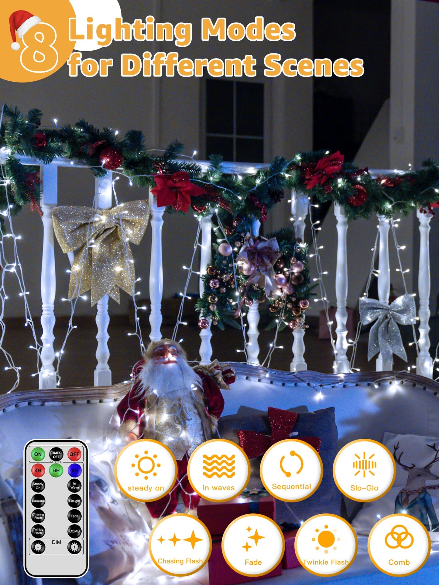 Guhope Christmas Lights 600LED 98FT, Waterproof Outdoor String Lights with Remote and Timer, 8 Modes Dimmable Fairy Lights for Indoor Outdoor Wedding Party Holiday Decorations (Cool White)