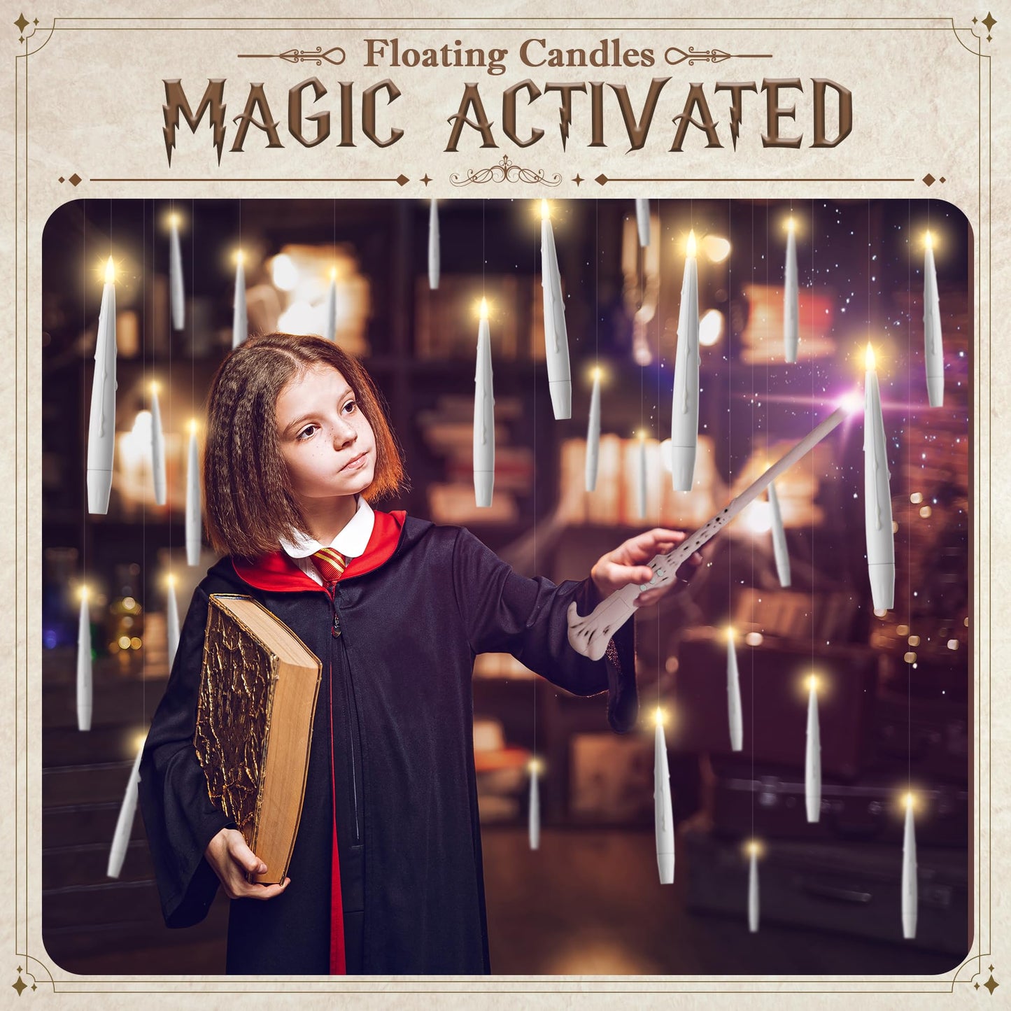 JOIONE Floating Candles with Wand, 12 Pack Hanging Candles with Magic Wand Remote, Battery Powered Floating Candles with Wand, Flameless Magic Hanging Taper Candles for Xmas Halloween Decor, White