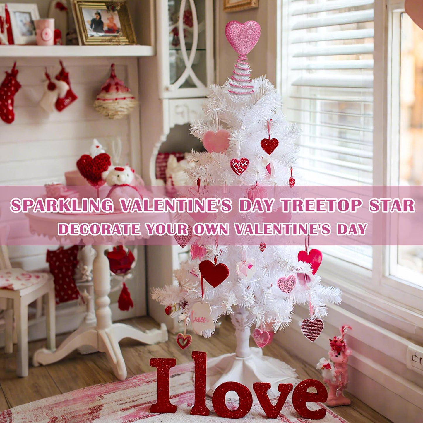 Gejoy Mini Valentine Christmas Tree Topper Pink Heart 6 Inch Miniature Glitter Heart Star Tree Topper for Valentine Home Decor Holiday