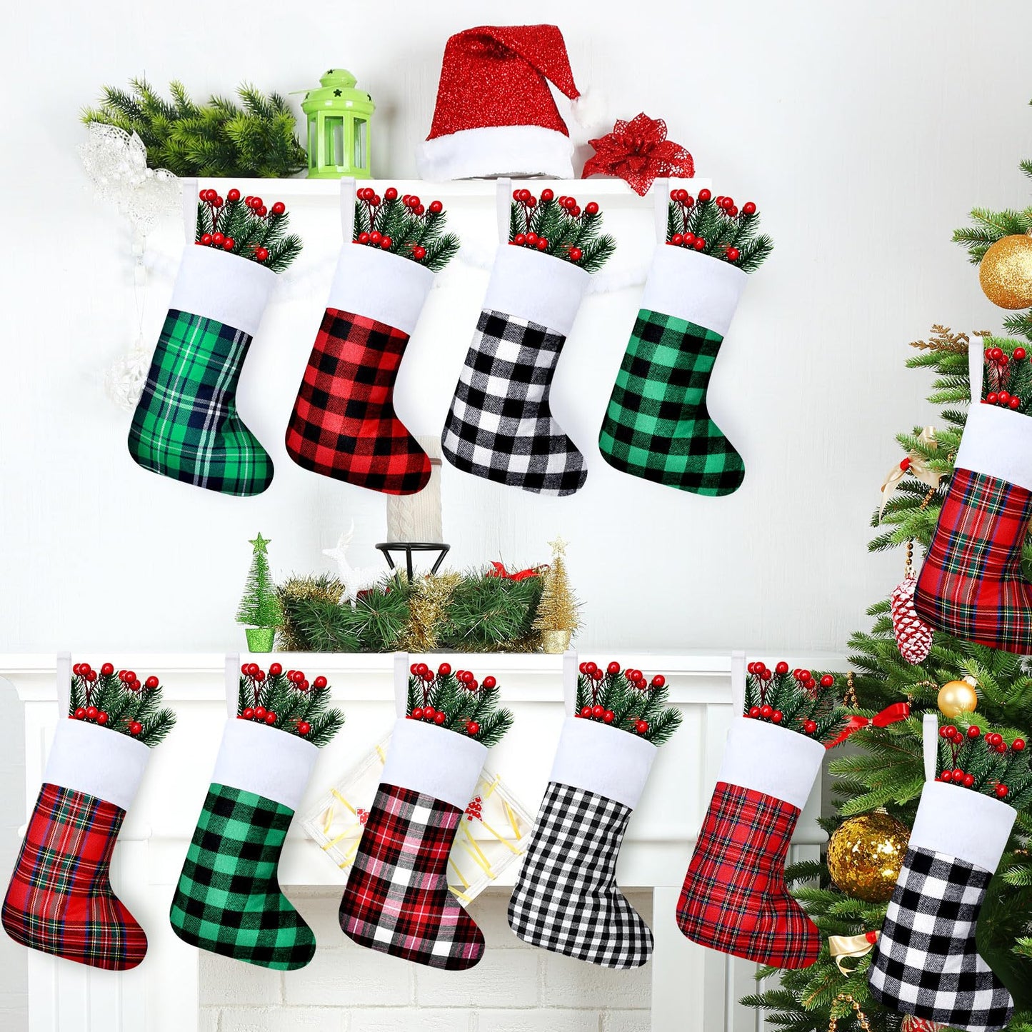 Skylety 24 Pcs Mini Christmas Stockings 8.27 Inch Small Buffalo Plaid Red Black Stockings Hanging Ornament Classic Bulk Christmas for Family Holiday Party Gift Xmas Tree Decoration