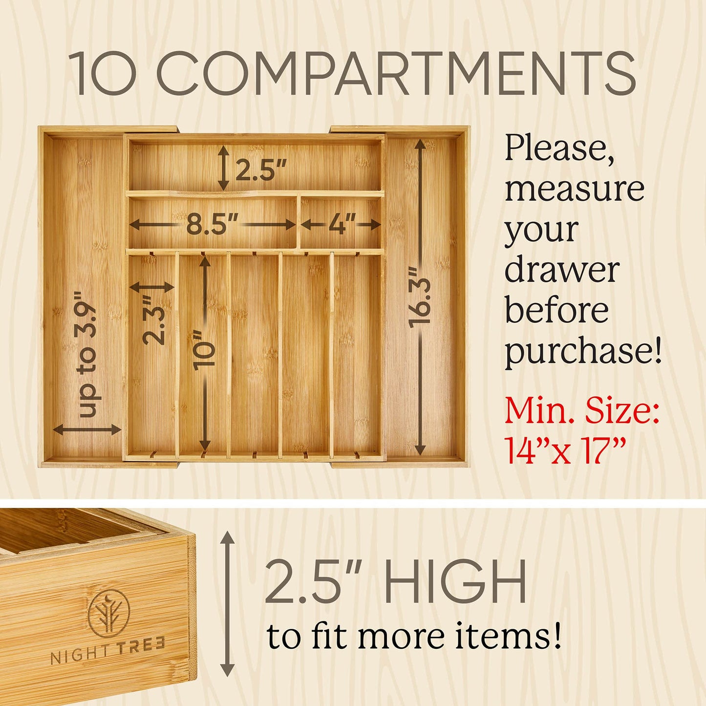 Night Tree 2.5” Extra Deep Silverware Drawer Organizer with Adjustable Dividers – Expandable Bamboo Flatware Tray for Kitchen, Reinforced Wood Cutlery Holder (14"-21.6" Wide)