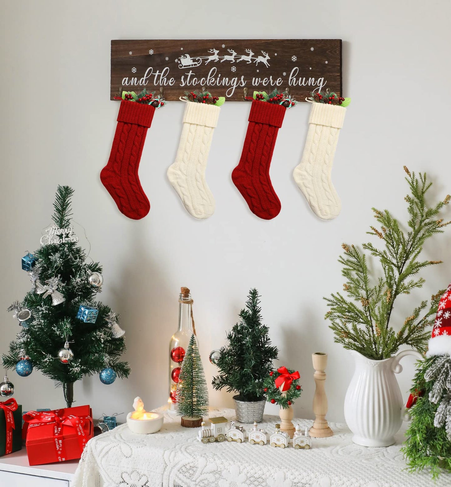 KORMMCO Christmas Stocking Holder, The Stocking were Hung Wood Hanging Sign, Stocking Holder for Wall, Xmas Stocking Holder with 6 Hangers for Fireplace Mantel, 24 inch,Brown,