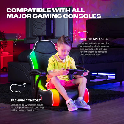 X Rocker Emerald RGB LED Youth Floor Rocking Video Gaming Chair with Headrest Speakers, Armrests, Foldable, Vegan Leather, 200 lbs Max, Amazon Exclusive, Black