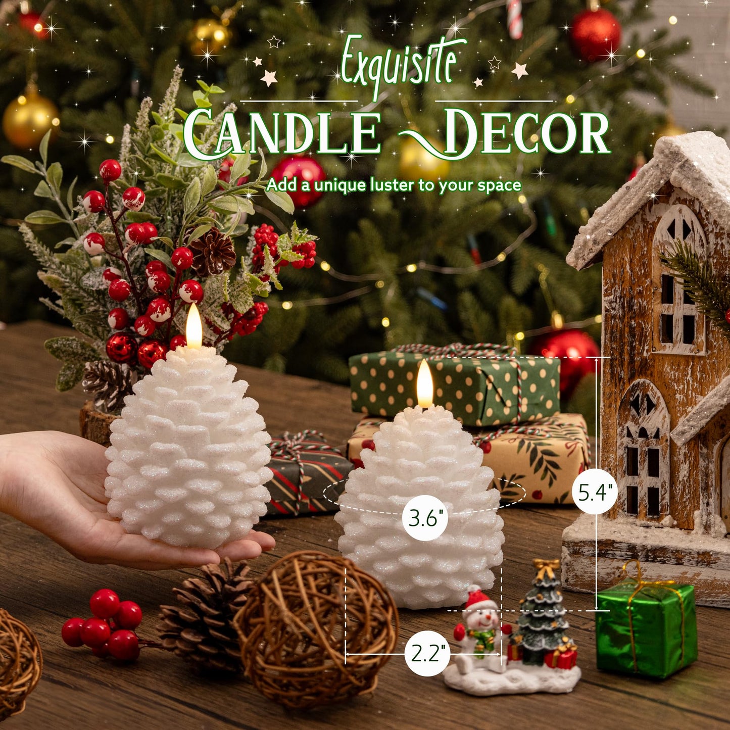AFINETH Christmas Flameless Pinecone Candles with Remote, Real Wax Battery Operated Pine Cone Candles, 2 Pack Flickering Led Candle Christmas Decorations for Winter Home Holiday Xmas Gift, White