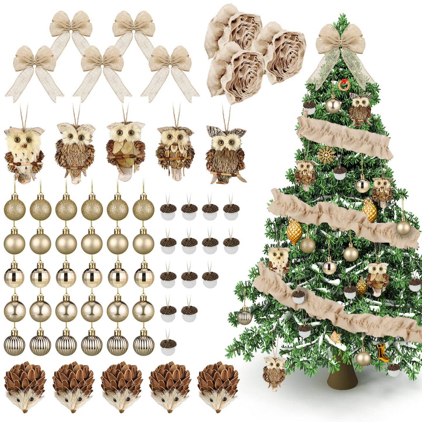 Sotiff 68 PCS Woodland Christmas Tree Ornaments Decoration Set - Includes Forest Animal, Gold Ball, Hedgehog, Jute Tree Wrap & Bows for Farmhouse Rustic Fall Winter Holiday Party Decor