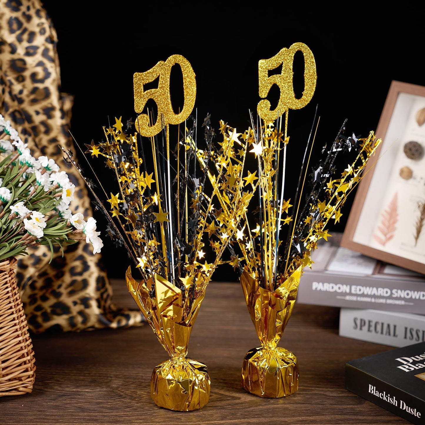 APUDWN 6 Pcs 50th Black and Gold Birthday Table Decorations Metallic Foil Spray Table Centerpiece Black Gold Number Star Burst Centerpiece for Birthday Wedding Anniversary Reunion Party Decor