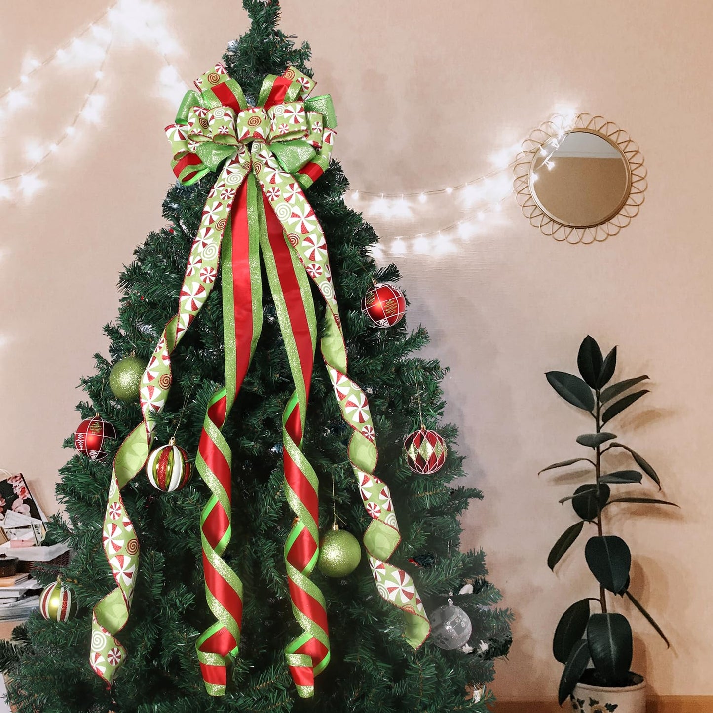 Christmas Tree Topper Wreath Large Green Bow with Red Green Dot Candy Patterned Gift Bow for Xmas Holiday Home Thanksgiving Indoor/Outdoor Decoration 52"x13"