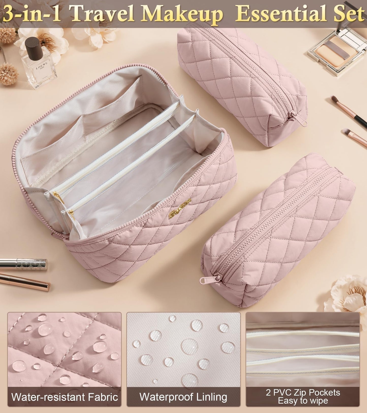 Travel Makeup Bag, 3 Pcs Large Capacity Puffy Toiletry Bag for Women, Open Flat Make up Cosmetic Organizer w/Handle & Clear Divider Water-resistant Portable Pouch Travel Essentials, L-Light Pink