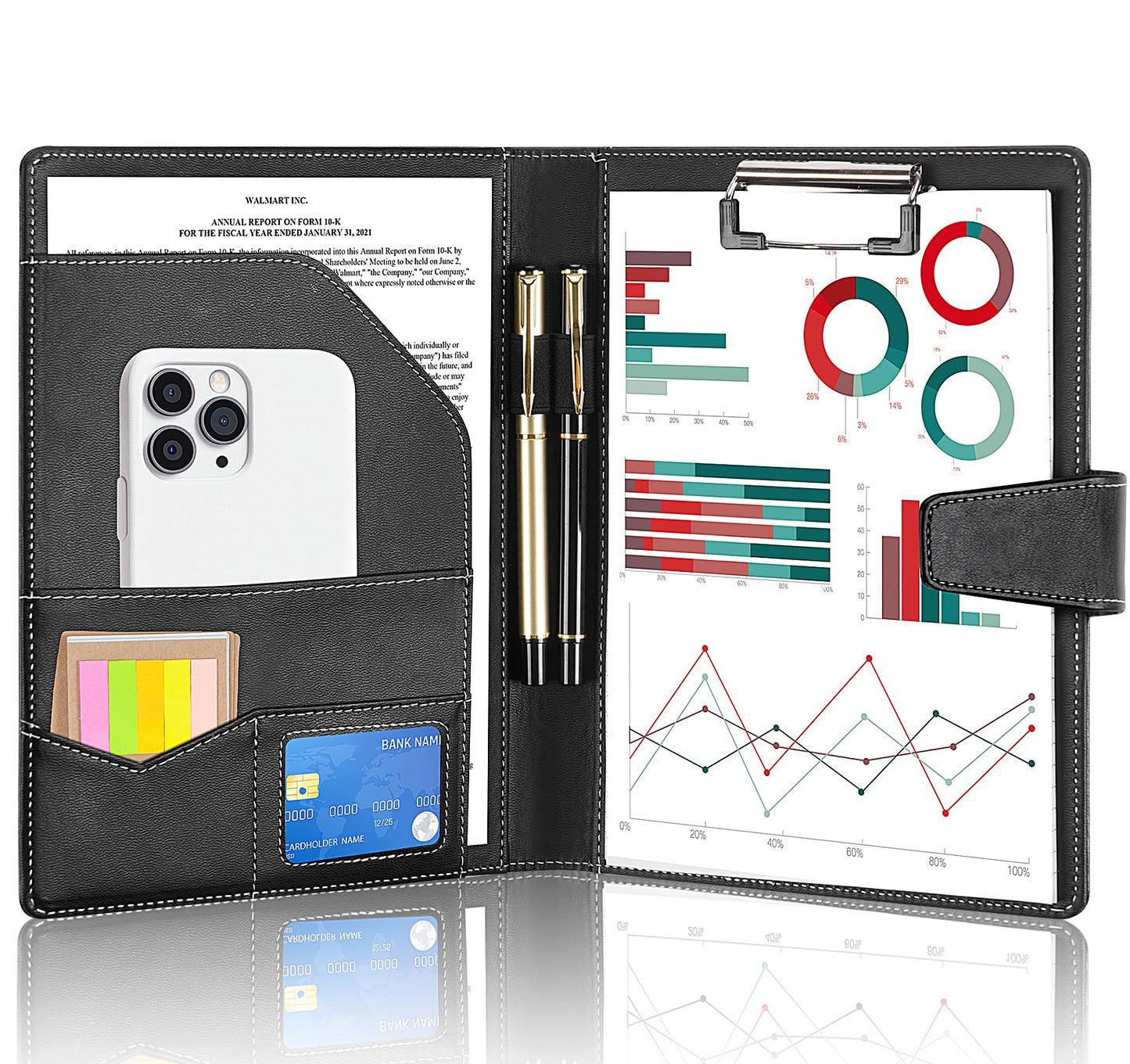NOTEZMATE Padfolio Notepad Holder with Clipboard,A5 Faux Leather Padfolio Folder for Interview Resume,Magnetic Closure Legal Pad Folder with Business Holder,2 Pens & 5x8 Writing Pad for Office,Black