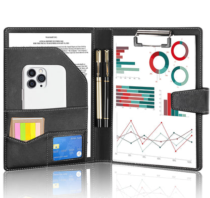 NOTEZMATE Padfolio Notepad Holder with Clipboard,A5 Faux Leather Padfolio Folder for Interview Resume,Magnetic Closure Legal Pad Folder with Business Holder,2 Pens & 5x8 Writing Pad for Office,Black