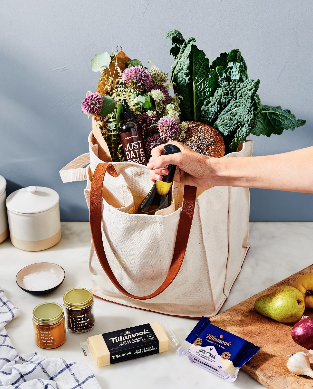 CapaBunga Farmer's Market Tote Shopping Bags with Handles - 7 Pocket Large Utility Tote Bag - Heavy Duty Canvas Utility Bag with Vegan Leather Base - Reusable Tote Bag - Natural Grocery Bag