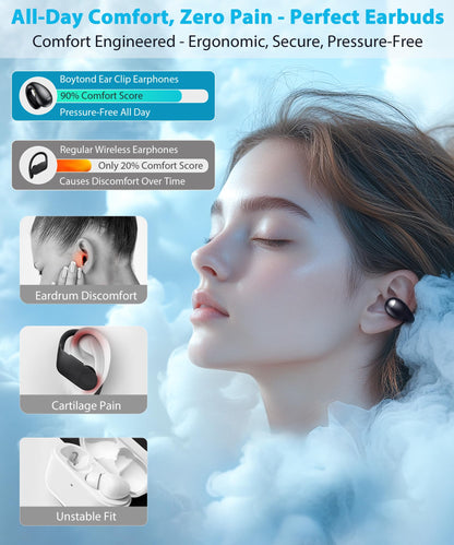 Boytond Ultra Open Ear Earbuds - Ergonomic Clip-On Earbuds, Bone Conduction Over-The-Ear Headphones with Waterproof Design and Secure Fit for Small Ears, Midnight Black