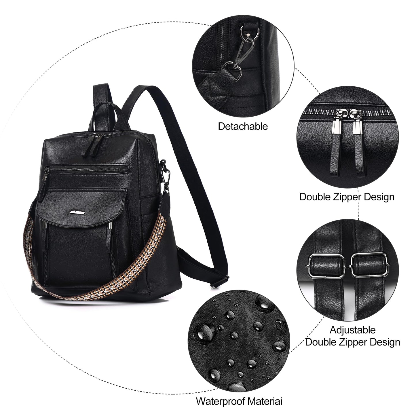 WYFJNX PU Leather Womens Backpack Purse Ladies Backpack Handbag Fashion Shoulder Bag Small Travel Bag Black