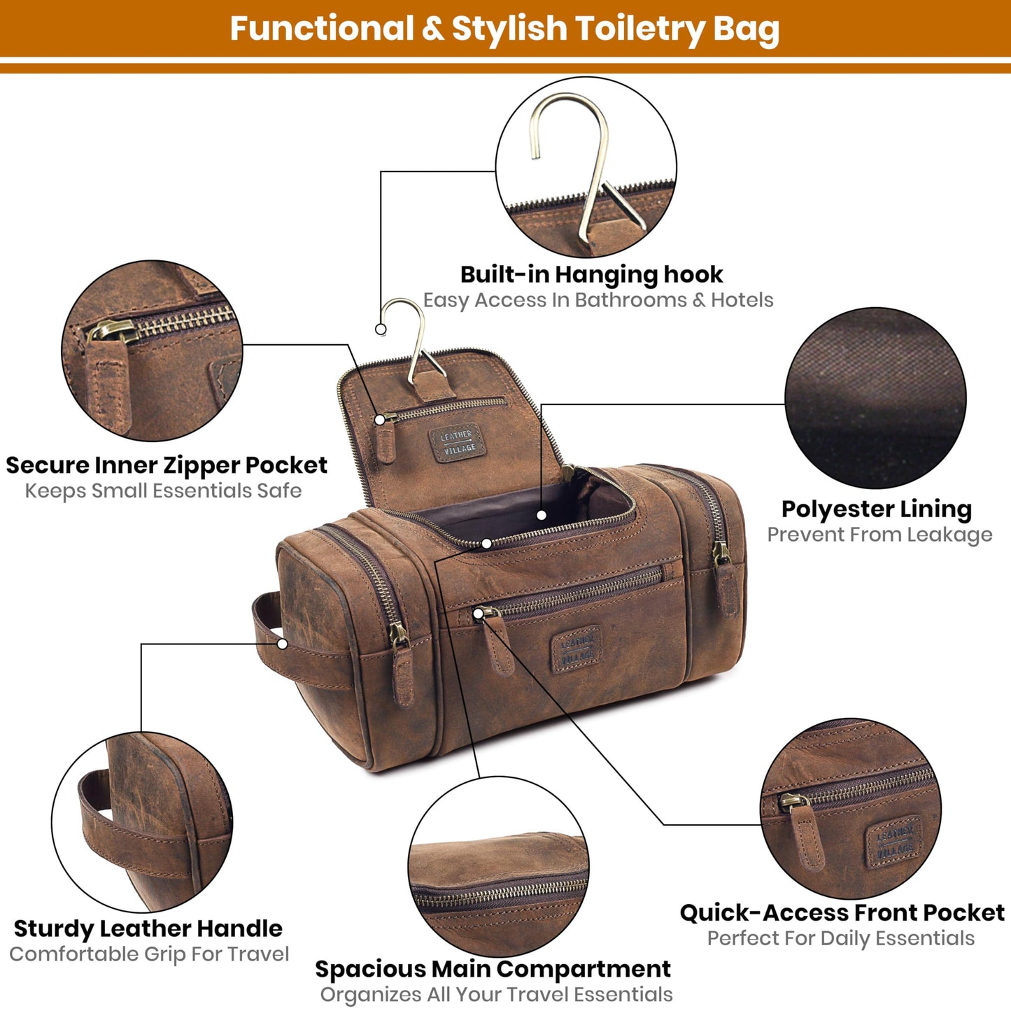 LEATHER VILLAGE Genuine Leather Travel Dopp Kit for Men & Women – Large Capacity Hanging Toiletry Bag with Water-Resistant Lining – Ideal for Travel, Grooming & Gym - Brown